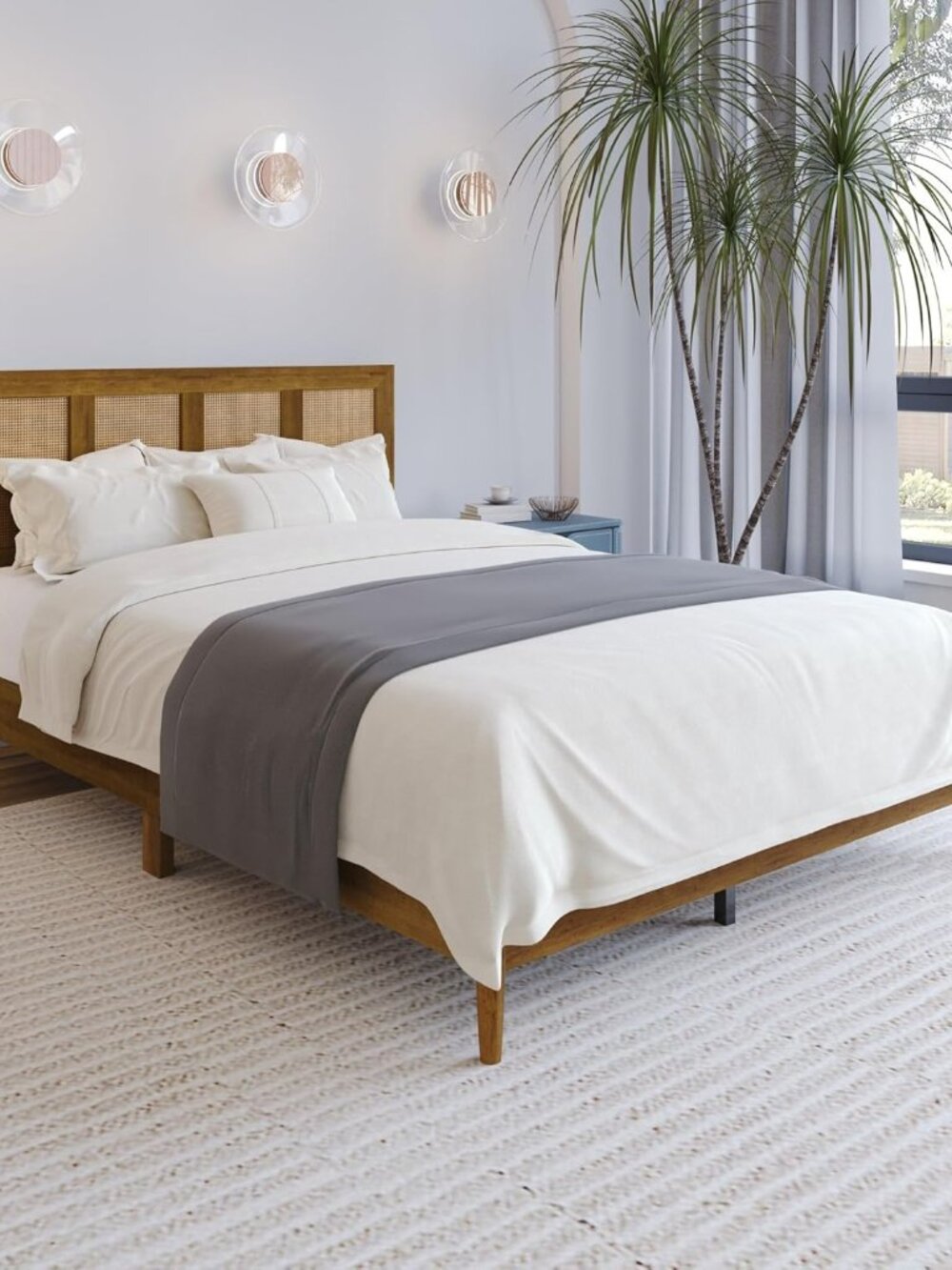Skokie Full Wood Platform Bed Frame with Rattan Accents – Rustic Solid Wood Desi - Picture 4 of 10